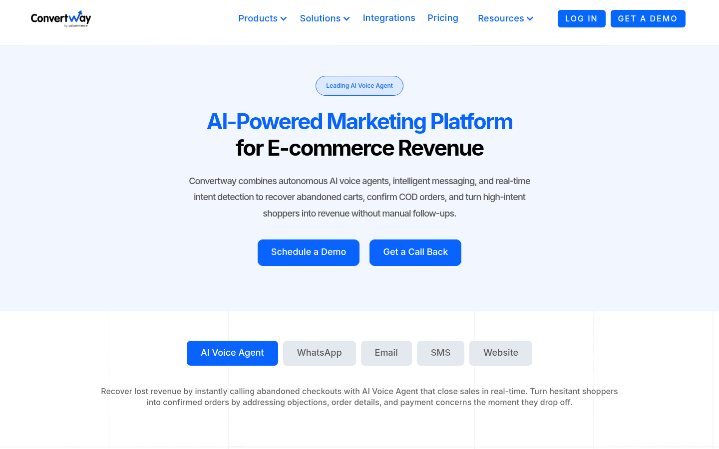 ConvertWay's homepage with the headline AI-Powered Marketing Platform for E-commerce Revenue, Schedule a Demo and Get a Call Back buttons, and tabs for AI Voice Agent, WhatsApp, Email, SMS and Website, as taken from ConvertWay