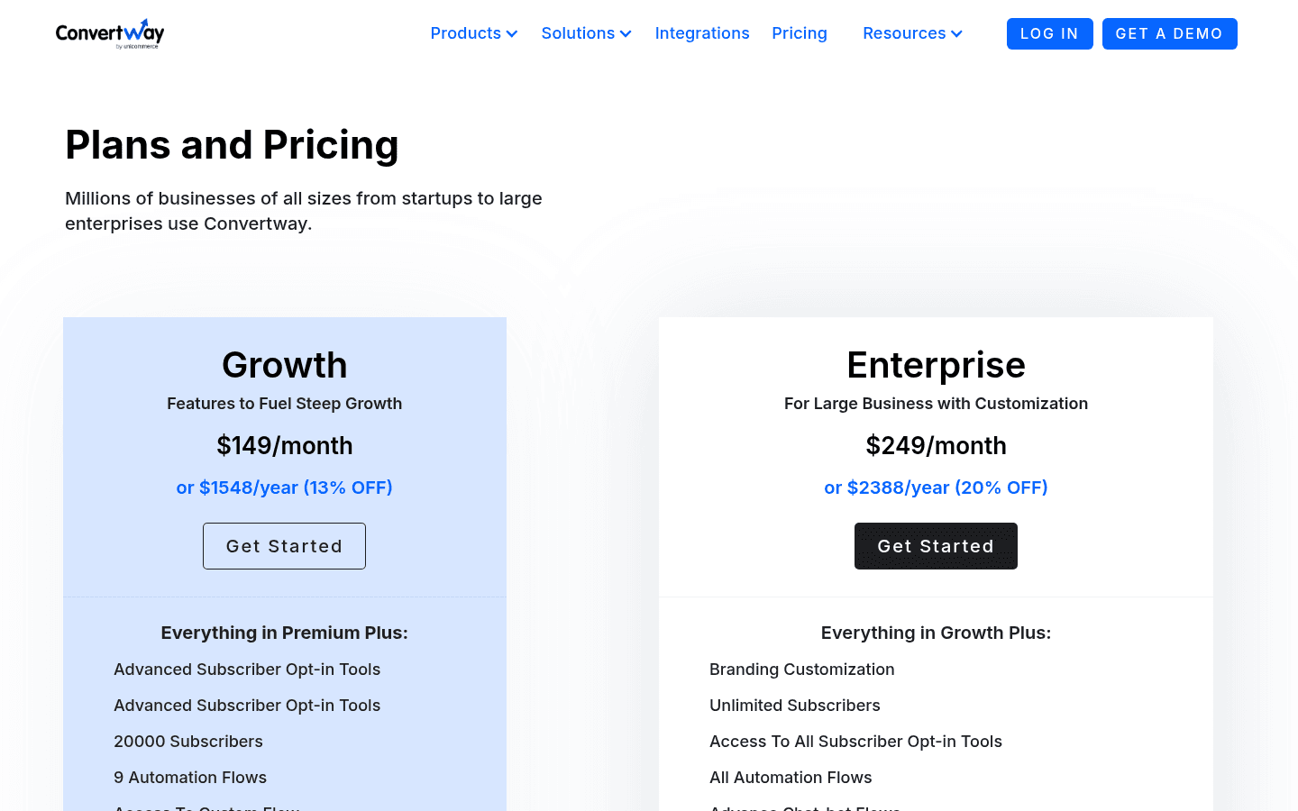 ConvertWay's website pricing page showing Growth at $149 a month or $1,548 a year at 13% off, and Enterprise at $249 a month or $2,388 a year at 20% off, as taken from ConvertWay
