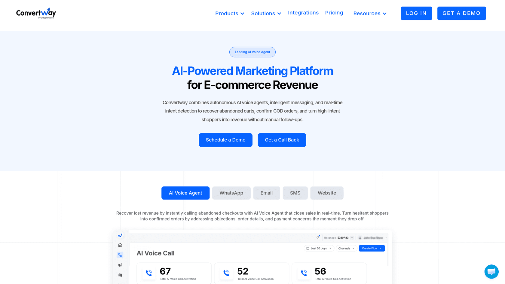 The ConvertWay homepage, headlined AI-Powered Marketing Platform for E-commerce Revenue, with Schedule a Demo and Get a Call Back buttons, channel tabs for AI Voice Agent, WhatsApp, Email, SMS and Website, and an AI Voice Call dashboard below, as taken from ConvertWay