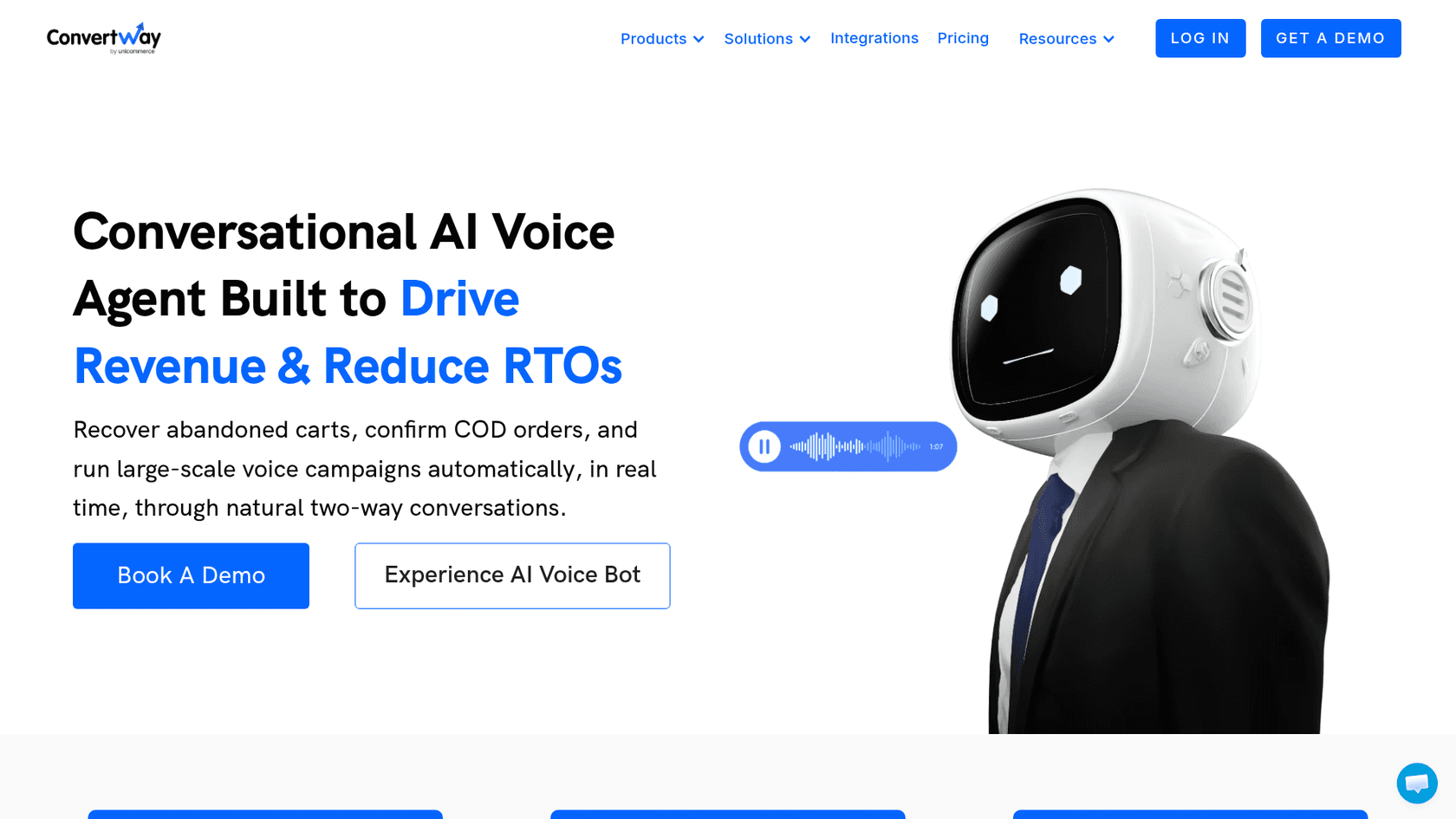 ConvertWay's AI voice agent page, headlined Conversational AI Voice Agent Built to Drive Revenue and Reduce RTOs, with Book A Demo and Experience AI Voice Bot buttons and an illustrated robot in a suit beside a voice waveform, as taken from ConvertWay
