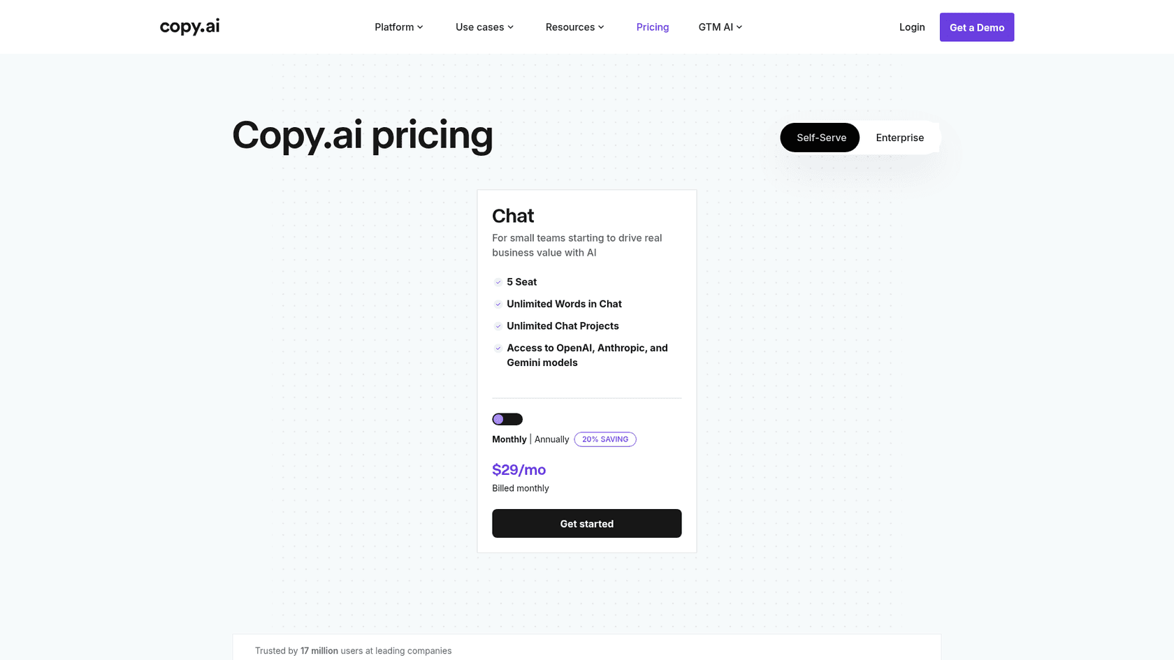 Copy.ai's Chat plan pricing, as taken from Copy.ai's pricing page