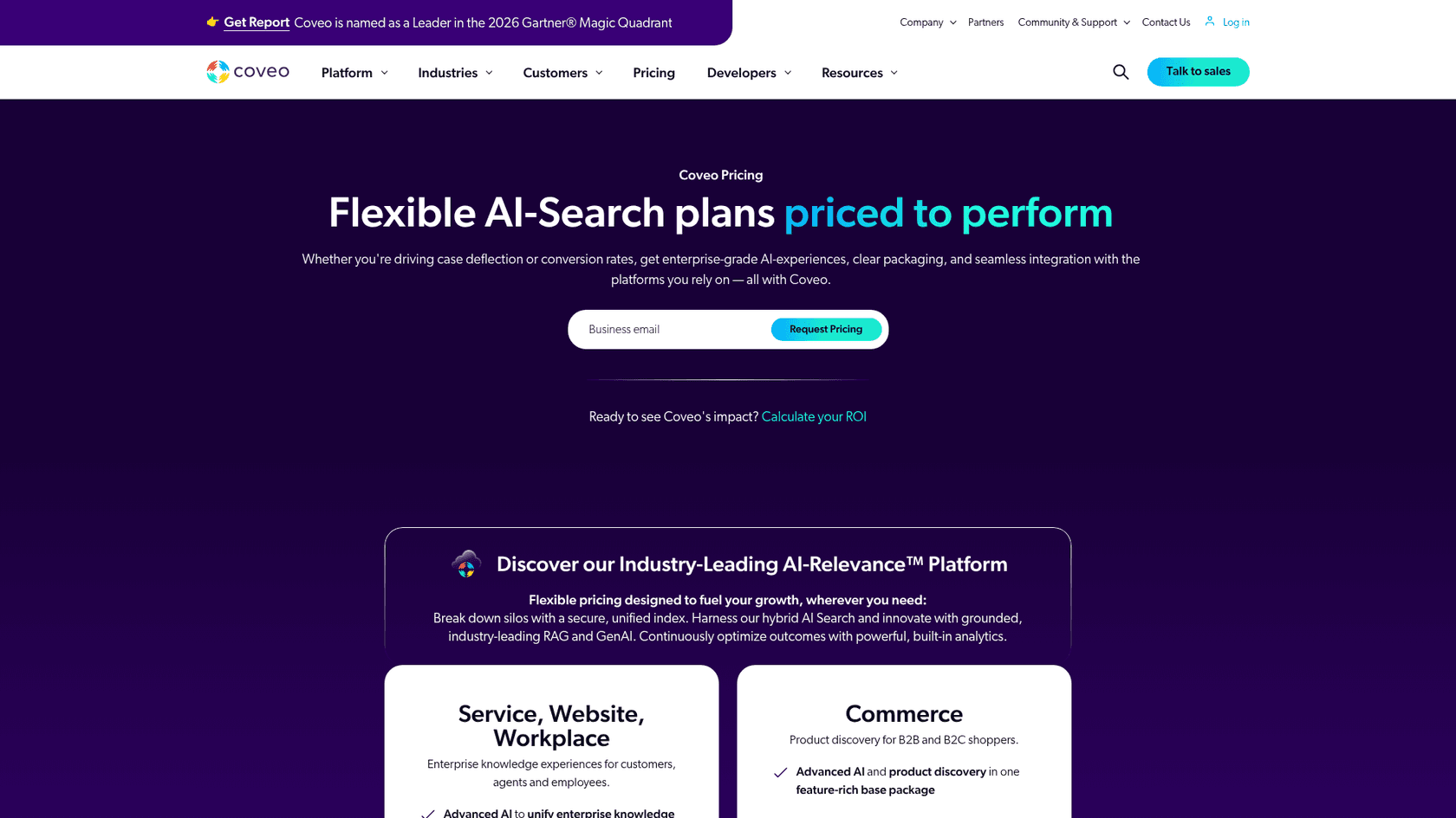 Coveo pricing page with a Request Pricing form and no public prices, as taken from Coveo