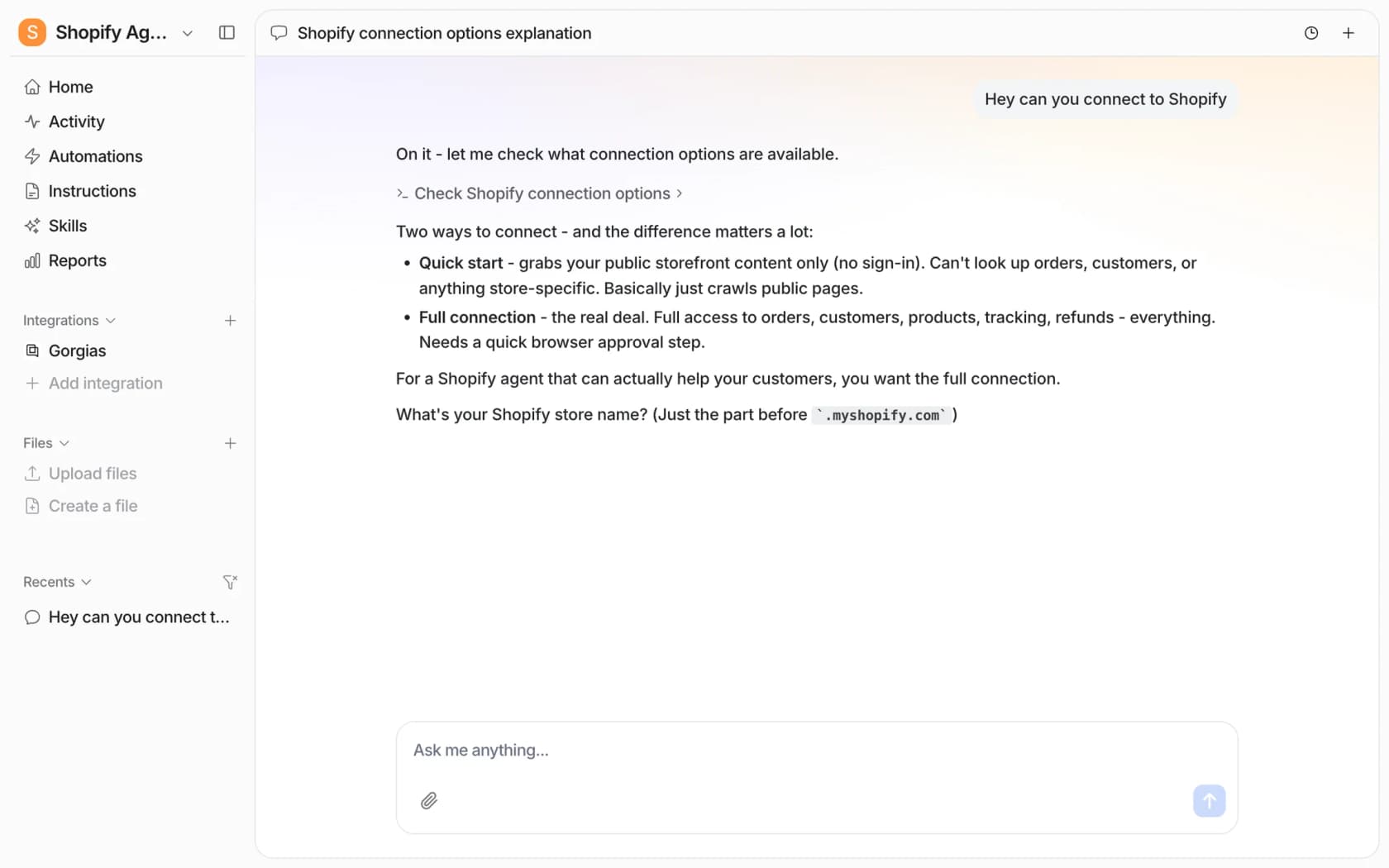 The eesel dashboard chat explaining Quick start versus a full Shopify connection, as taken from eesel docs