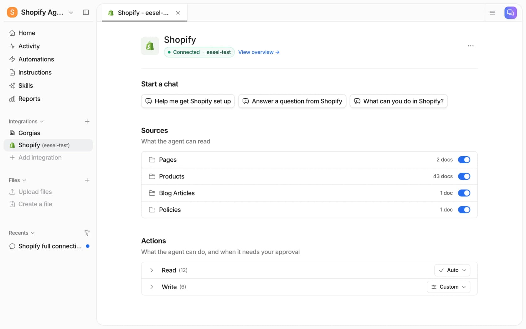 The Shopify integration page in the eesel dashboard, showing the connected store, the four sources and the Read and Write action groups, as taken from eesel docs