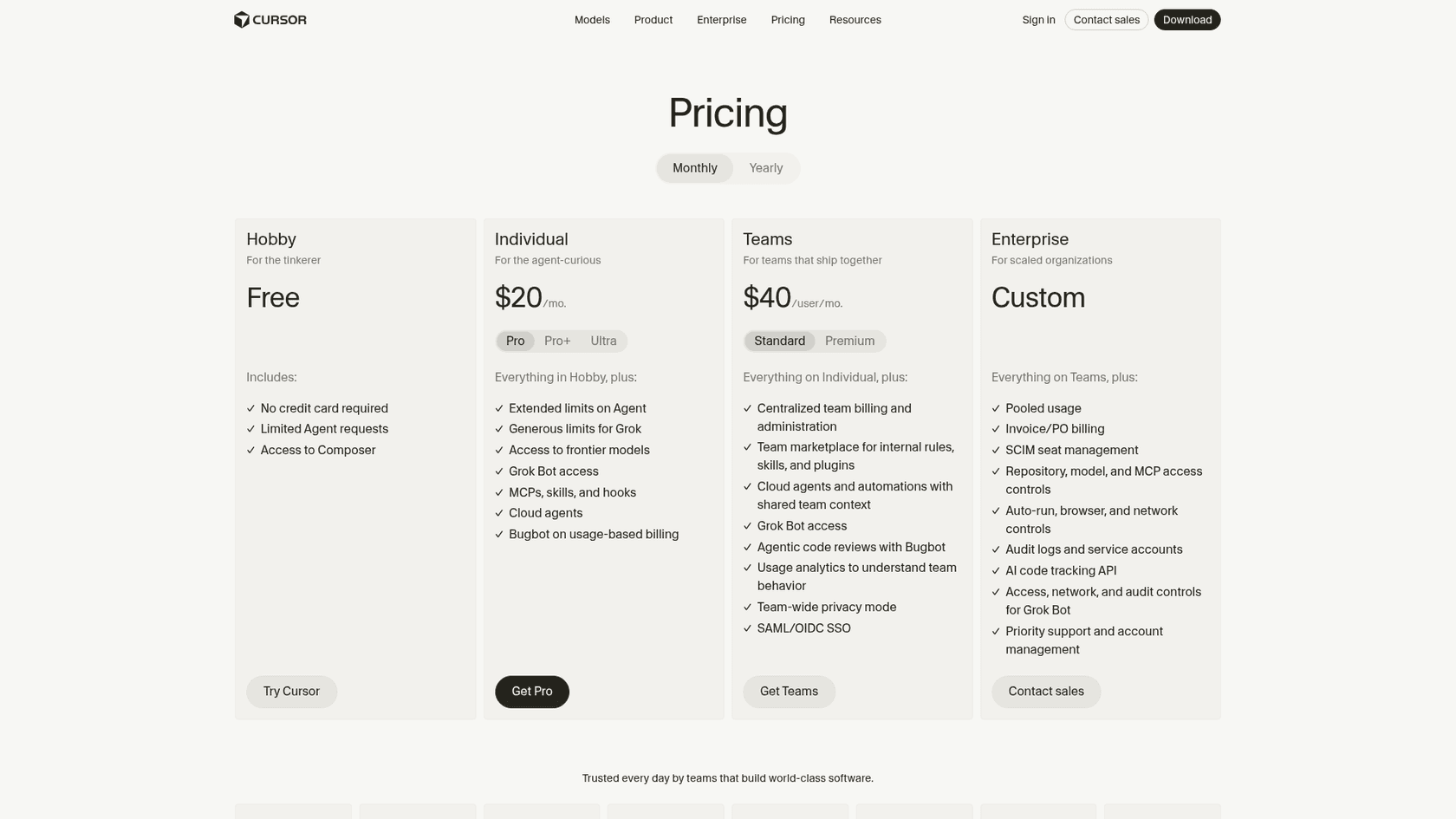 Cursor pricing page showing the Hobby, Individual, Teams and Enterprise plans, as taken from Cursor