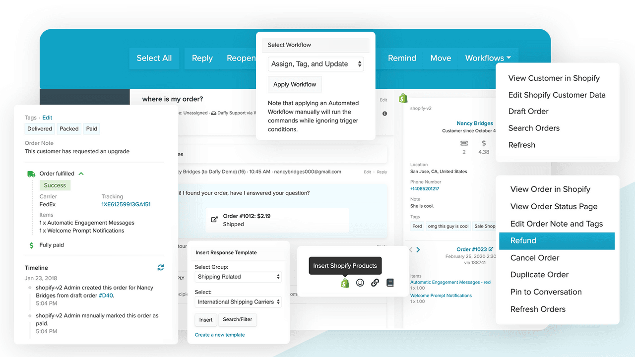 A Re:amaze conversation where a customer asks where is my order, with the Shopify order panel showing the fulfilled FedEx shipment and a menu of order actions including View Customer in Shopify, Draft Order, Refund and Cancel Order, as taken from the Re:amaze listing