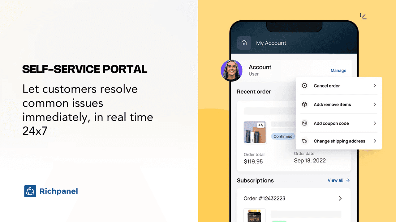 Richpanel's self-service portal on a phone, where a signed-in customer viewing a recent order sees options to cancel the order, add or remove items, add a coupon code and change the shipping address, as taken from the Richpanel listing