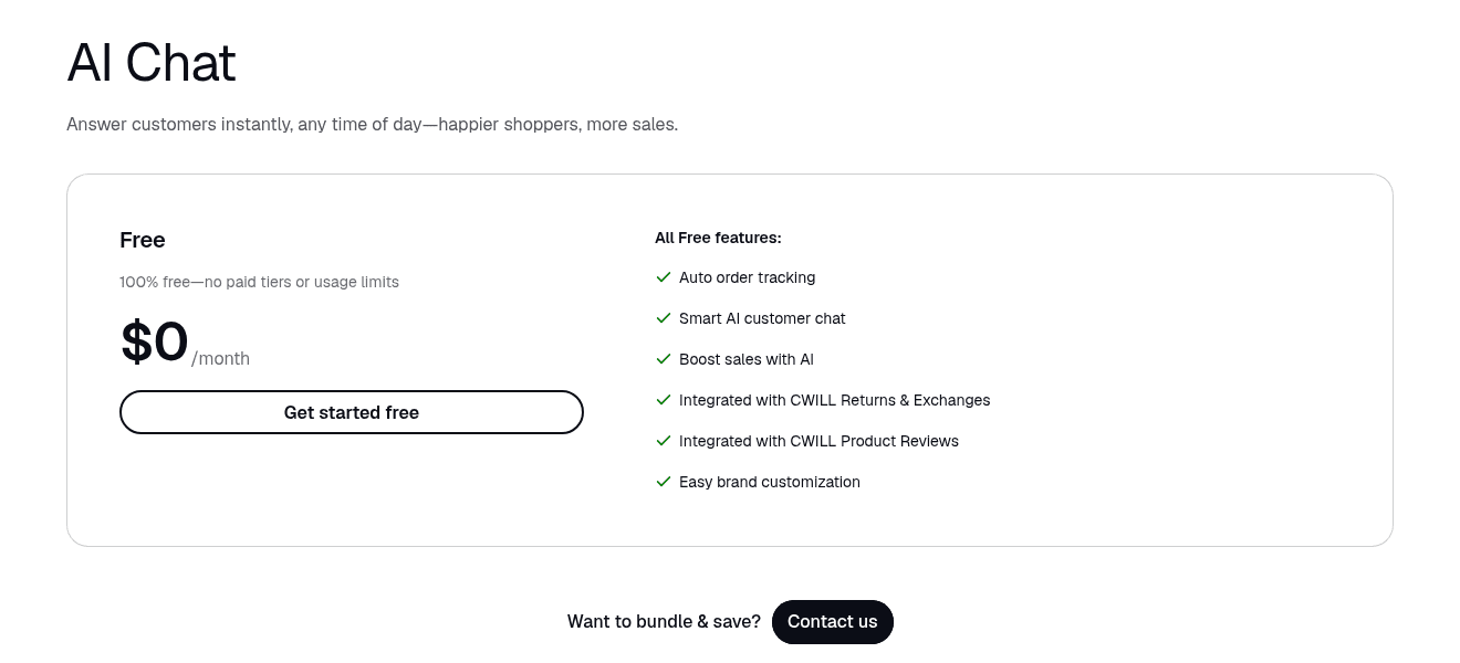 The CWILL AI Chat pricing card showing one Free plan at $0 per month with no paid tiers or usage limits, as taken from CWILL's AI Chat pricing page