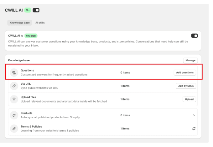 The CWILL AI knowledge base settings panel with Questions, Via URL, Upload files, Products and Terms and Policies rows, as taken from the CWILL help center