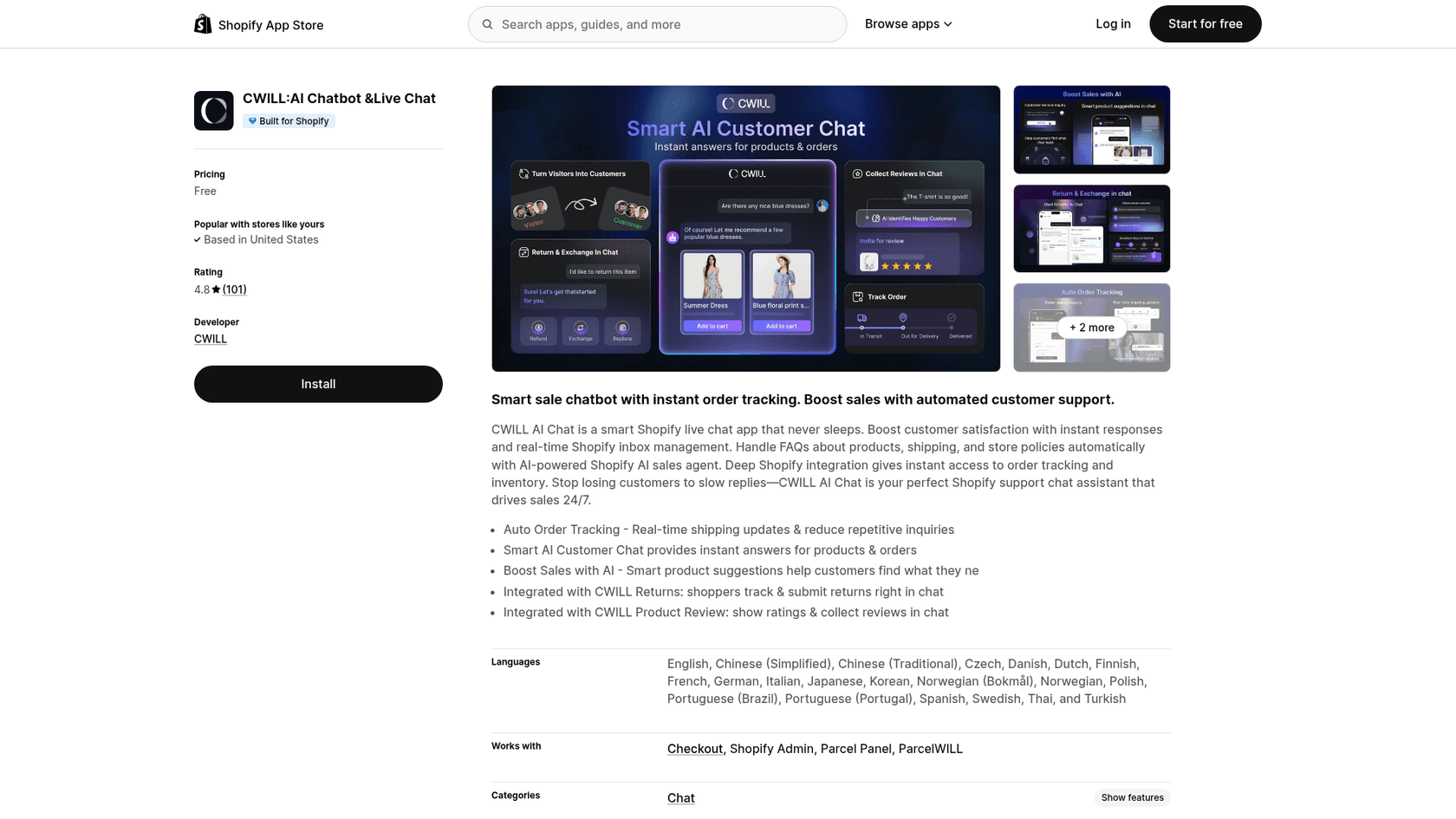 The CWILL AI Chatbot and Live Chat listing on the Shopify App Store, showing Free pricing, a 4.8 rating from 101 reviews and the Built for Shopify badge, as taken from the Shopify App Store listing