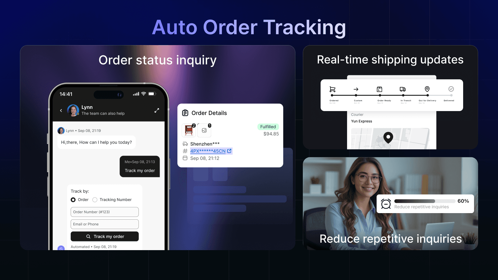 CWILL listing image showing an order status inquiry in the chat widget with an order details card and a shipping progress bar, as taken from the Shopify App Store listing