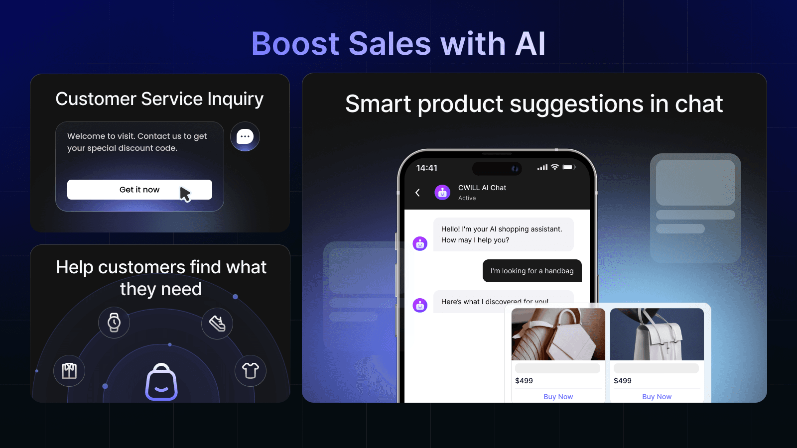 CWILL listing image showing smart product suggestions in the chat widget, with an AI shopping assistant recommending handbags, as taken from the Shopify App Store listing