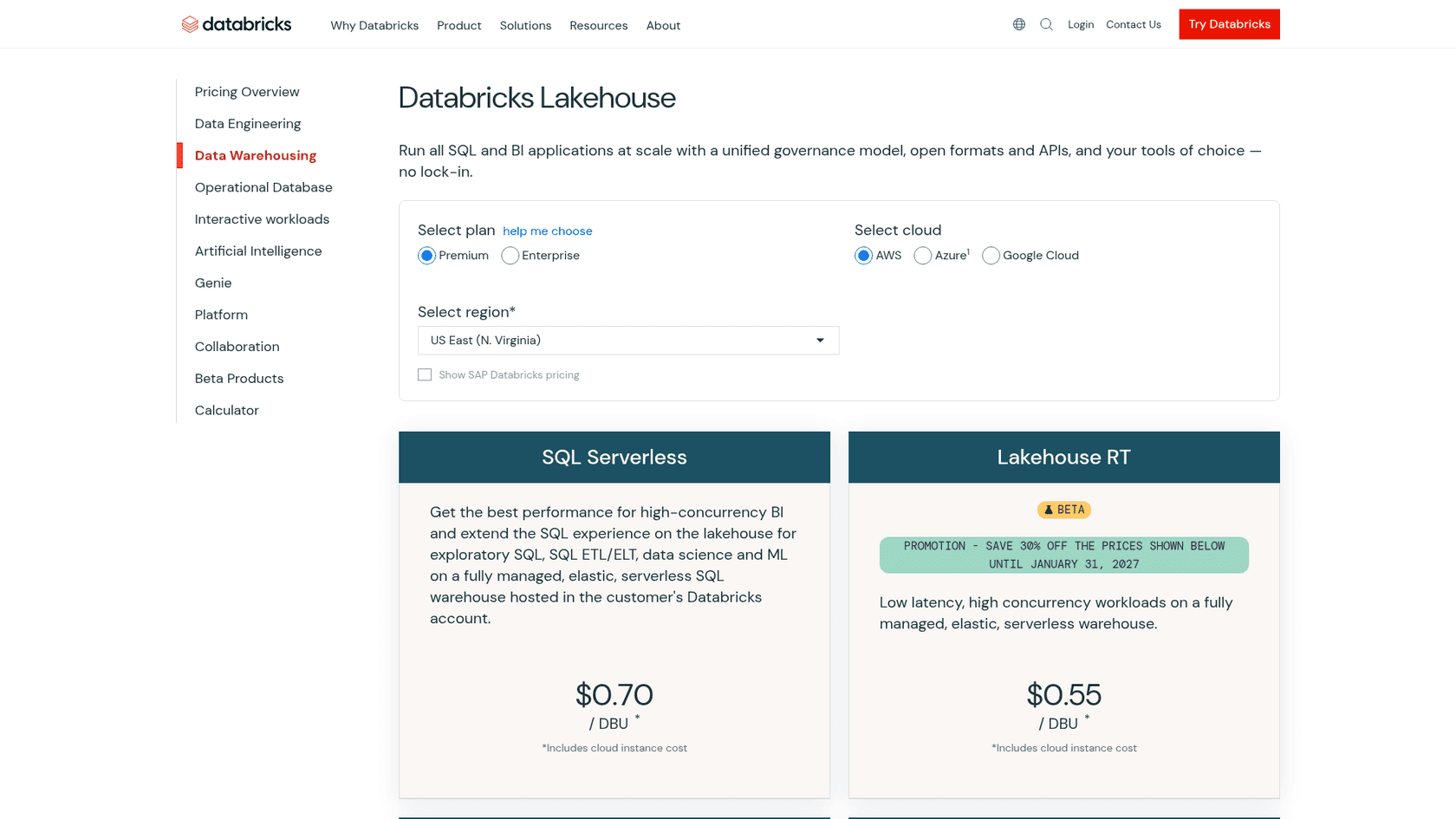 Databricks pricing page showing SQL Serverless at $0.70 per DBU with cloud instance cost included, as taken from the Databricks pricing page