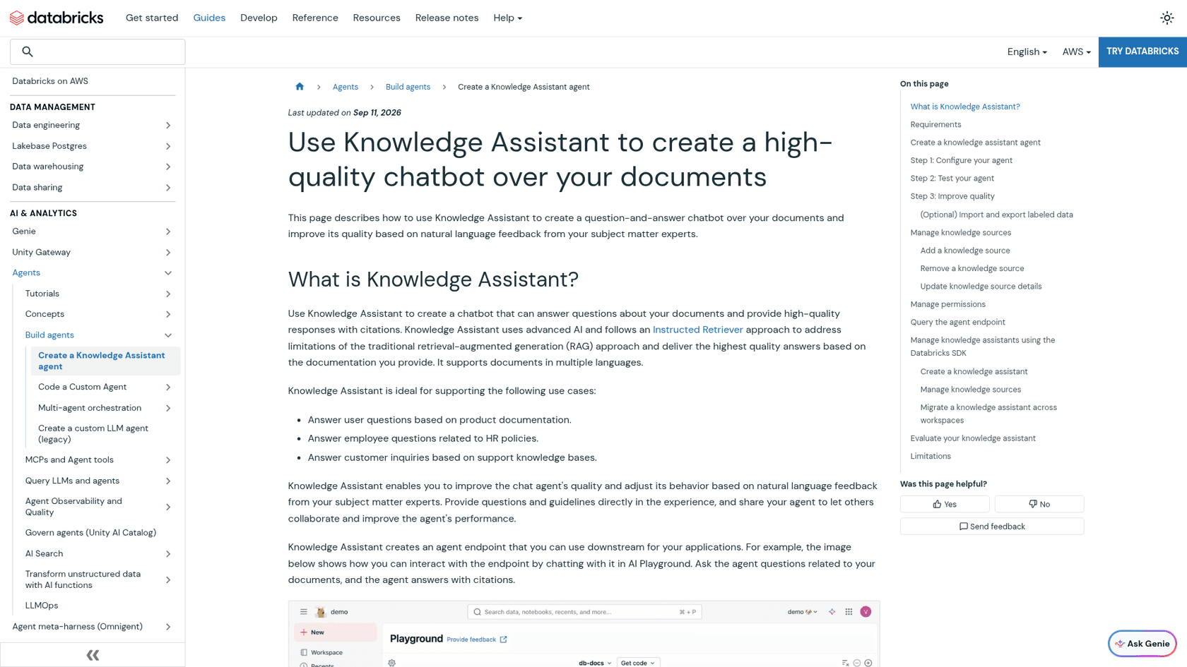 Databricks documentation page for Knowledge Assistant, as taken from the Databricks docs