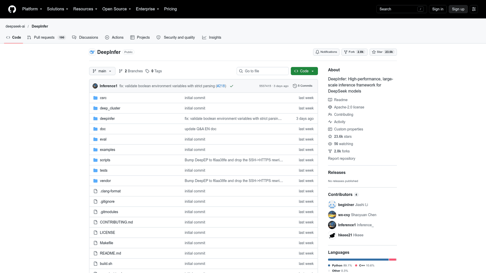 The deepseek-ai/DeepInfer repository on GitHub, showing 23.6k stars, 2.8k forks and the Apache 2.0 license, as taken from GitHub