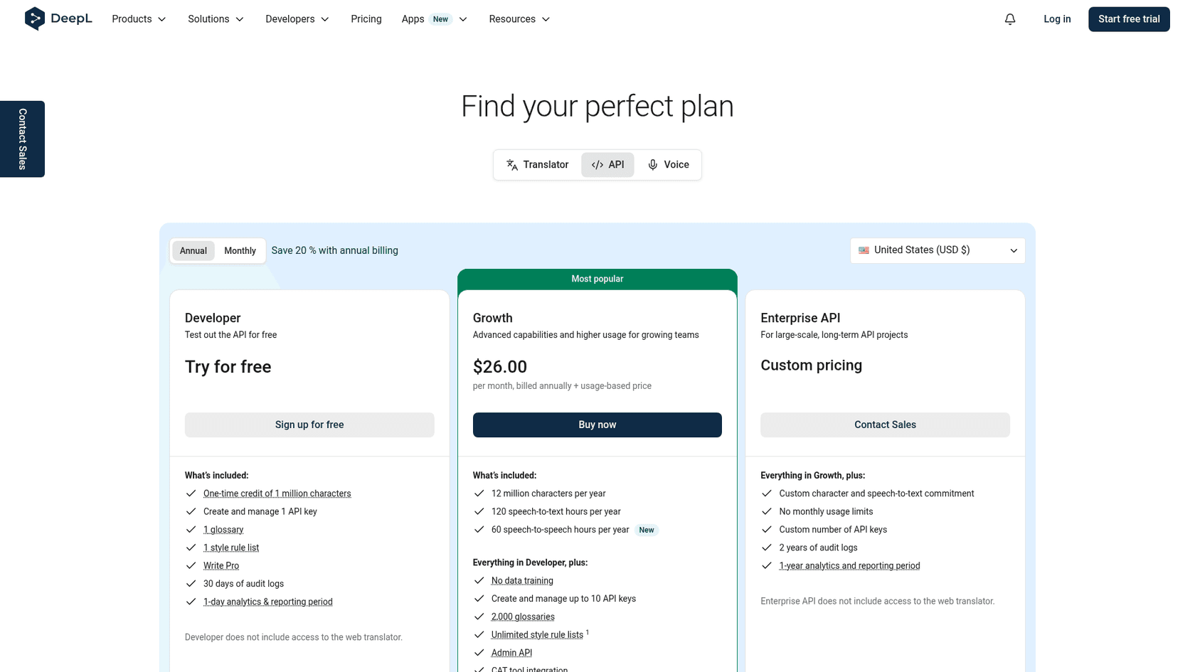 Page de tarifs de l'API DeepL montrant le niveau Developer gratuit avec un crédit unique d'un million de caractères, Growth à $26 par mois en facturation annuelle avec 12 millions de caractères par an, et une tarification API Enterprise sur mesure, tirée de la page de tarifs de DeepL