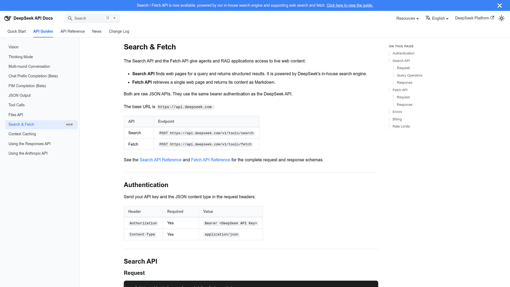 The Search & Fetch page in the DeepSeek API docs, listing the two endpoints and the authentication headers, as taken from DeepSeek API Docs