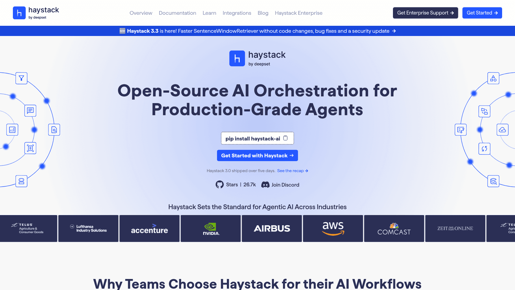 Haystack by deepset homepage with the open-source orchestration pitch, as seen on Haystack