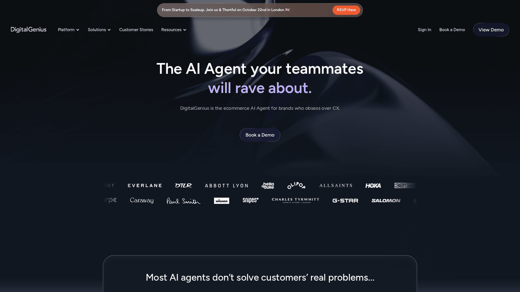 DigitalGenius homepage pitching itself as the ecommerce AI agent for brands that care about CX, as taken from DigitalGenius