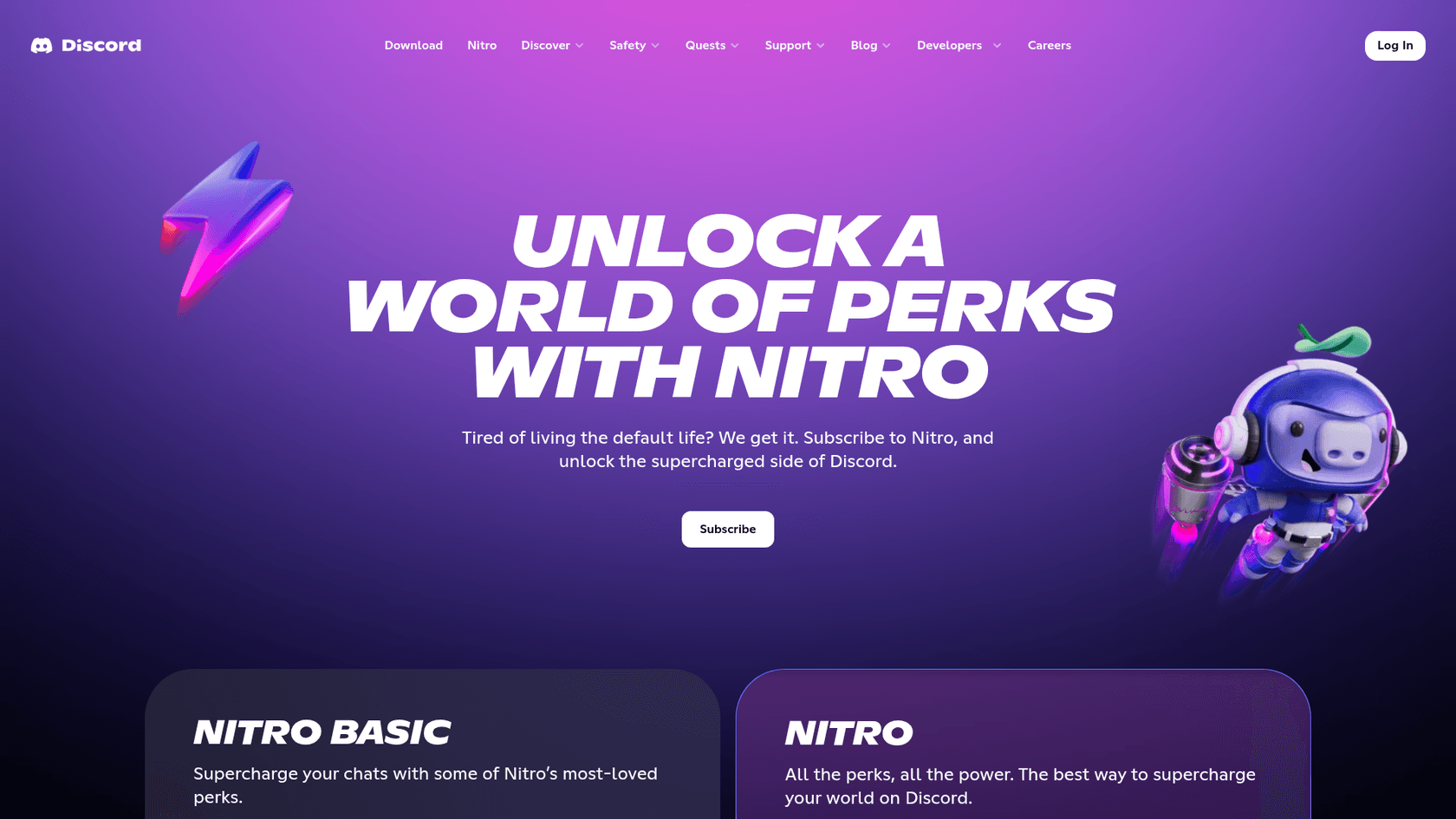 Discord's Nitro page introducing the Nitro Basic and Nitro subscriptions, taken from discord.com/nitro