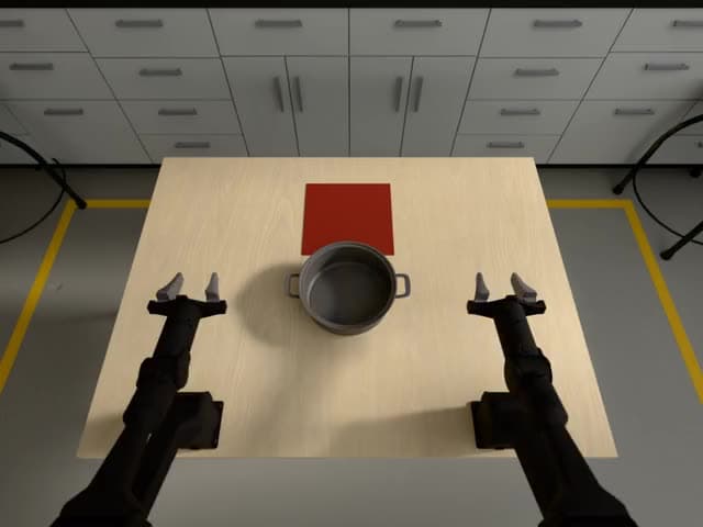 Un robot PiPER simulado de dos brazos en una mesa con una olla, uno de los robots no vistos que Dream-1 controló mediante zero-shot, según Dream Labs