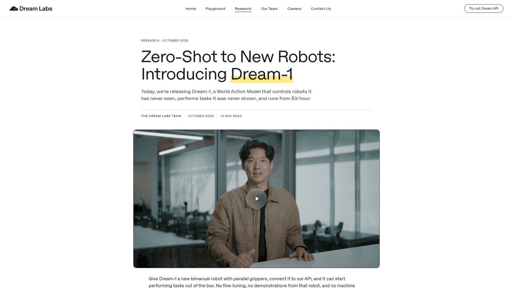 The Dream-1 launch page, "Zero-Shot to New Robots: Introducing Dream-1", which says it runs from $3 an hour, as taken from Dream Labs