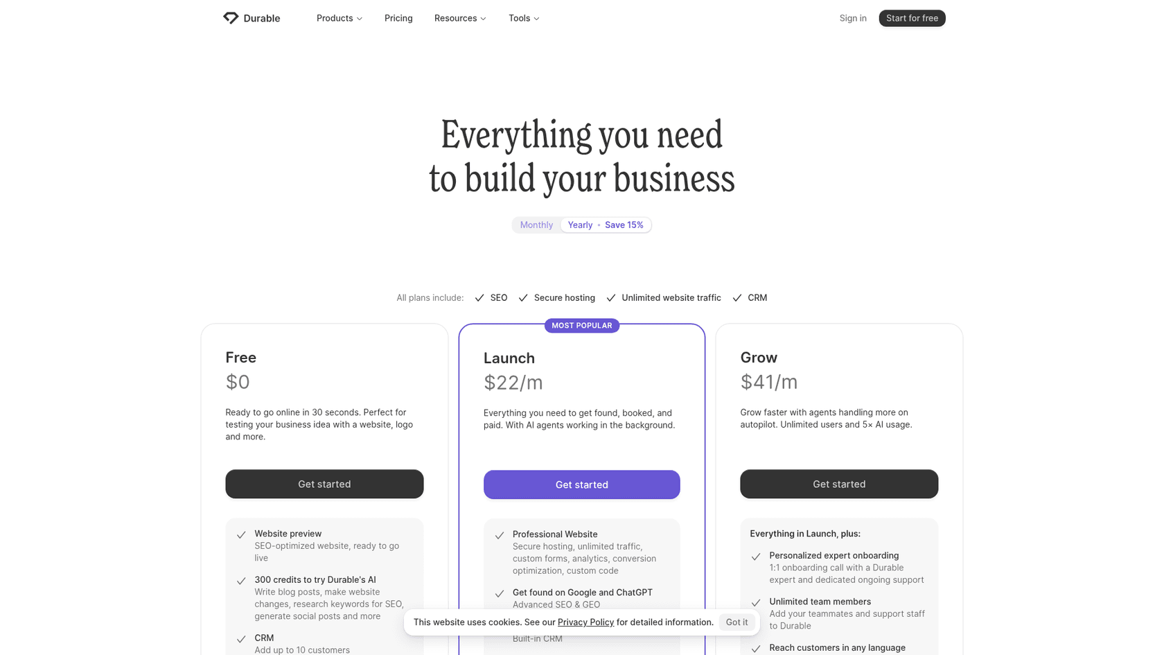 Durable pricing page with Free, Launch and Grow plans, as captured from Durable