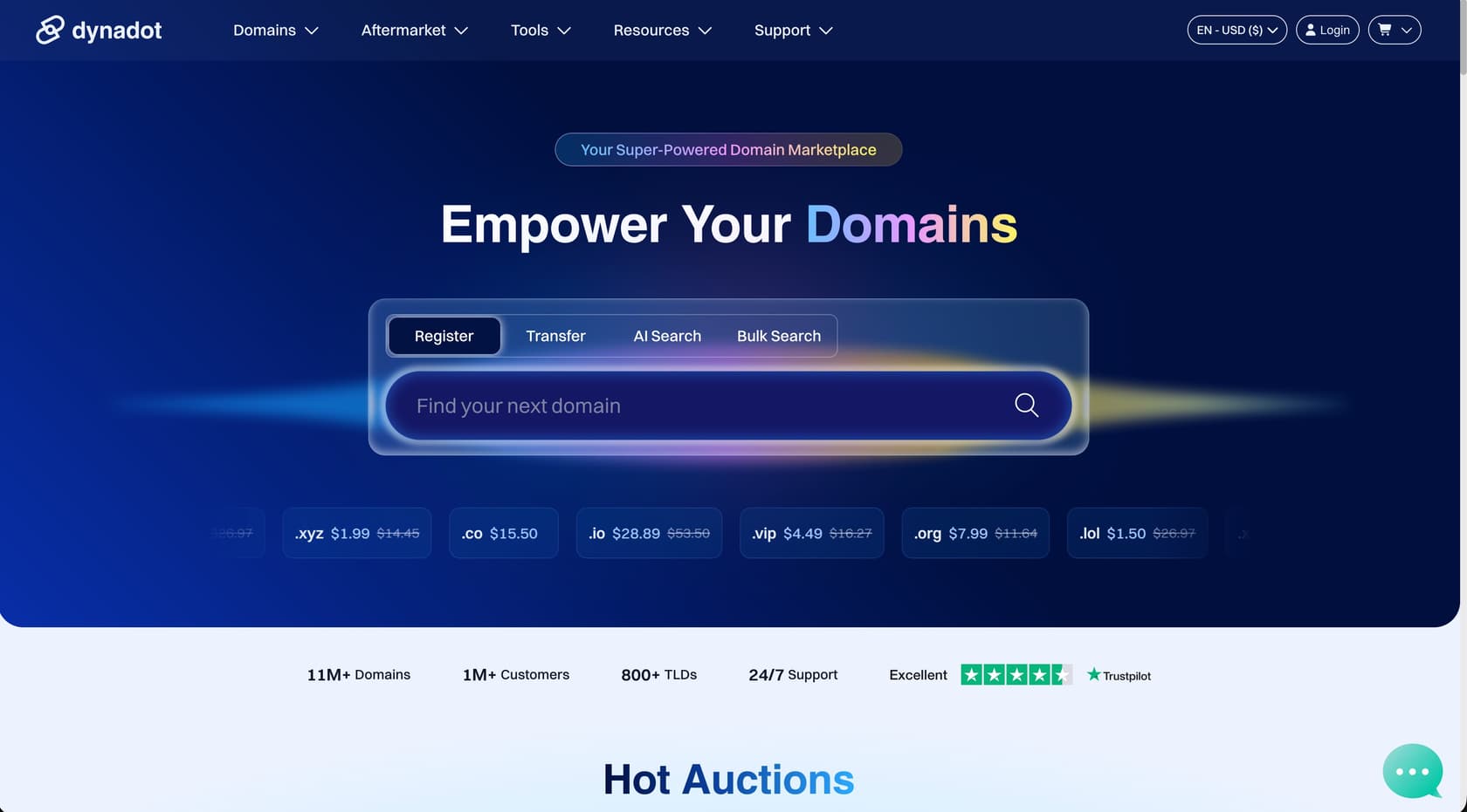 Dynadot landing page for domain name search and registration.