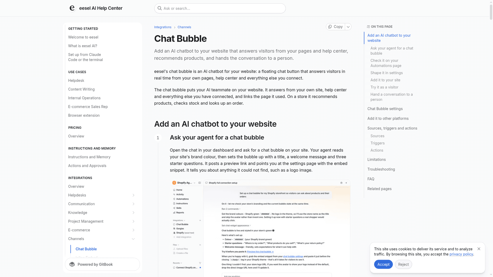 Página del centro de ayuda de eesel para el Chat Bubble, que muestra el primer paso de configuración de pedirle a tu agente un chat bubble y la página de ajustes con el fragmento para incrustar, tomada de la documentación de eesel