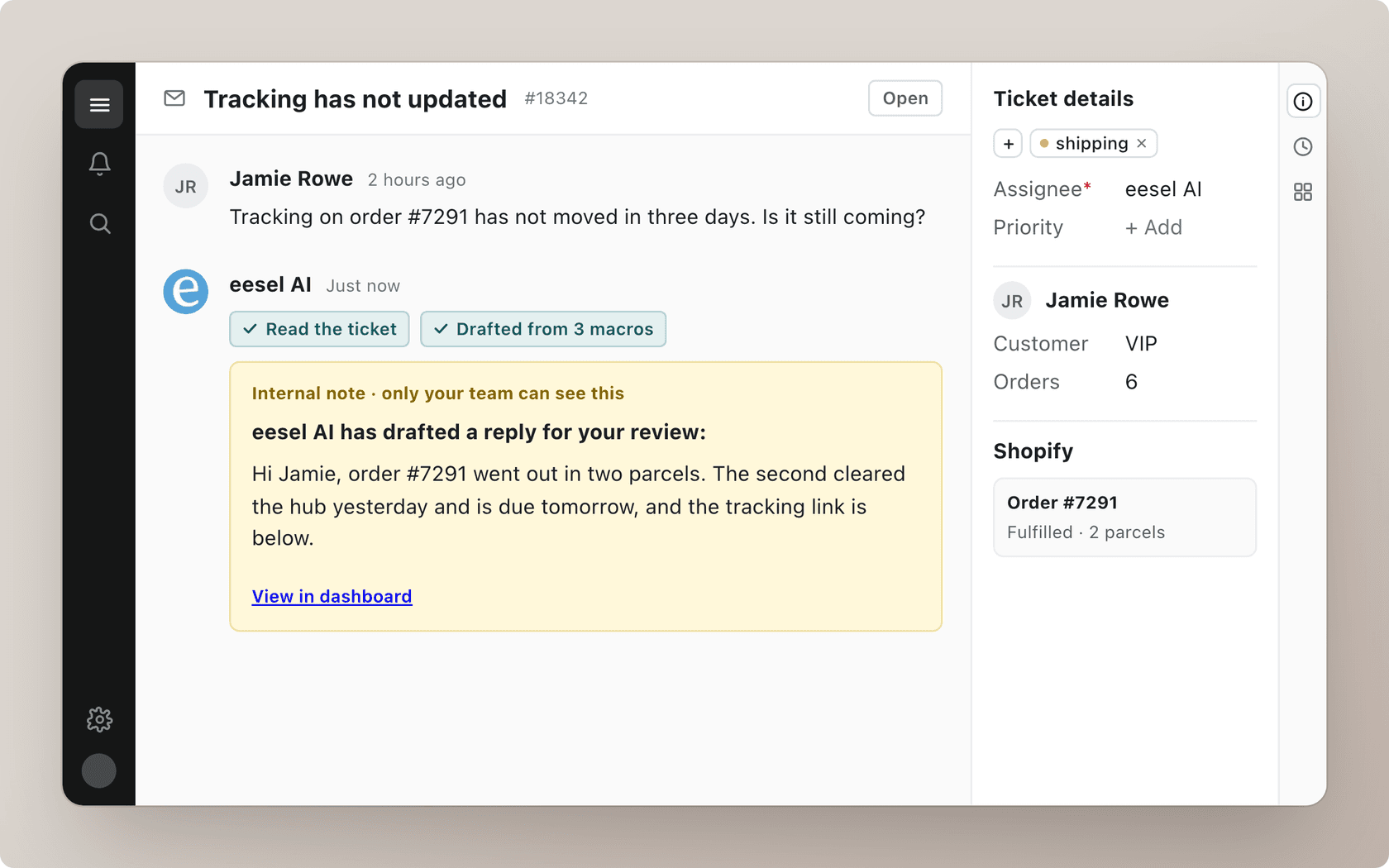 eesel AI drafting a reply as an internal note on a Gorgias tracking ticket after reading the ticket and three macros, with the Shopify order shown in the sidebar