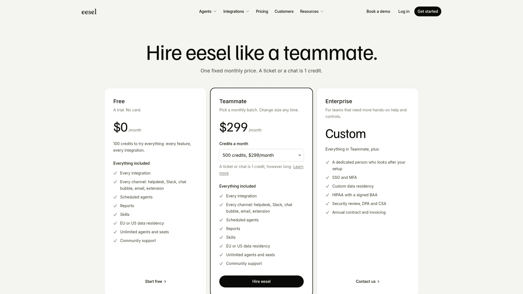 A visual of the eesel AI pricing page, which contrasts with other tools by showing clear, public-facing costs, making it a transparent alternative to Einstein for Developers.