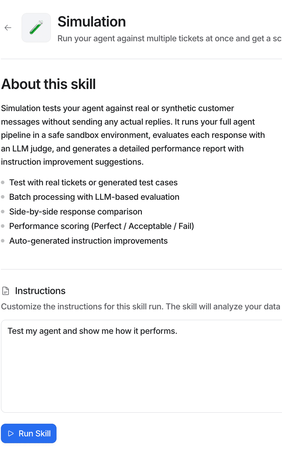 A screenshot of the eesel AI Simulation skill, an alternative to OpenAI Trace Grading that tests the agent on real or generated tickets.