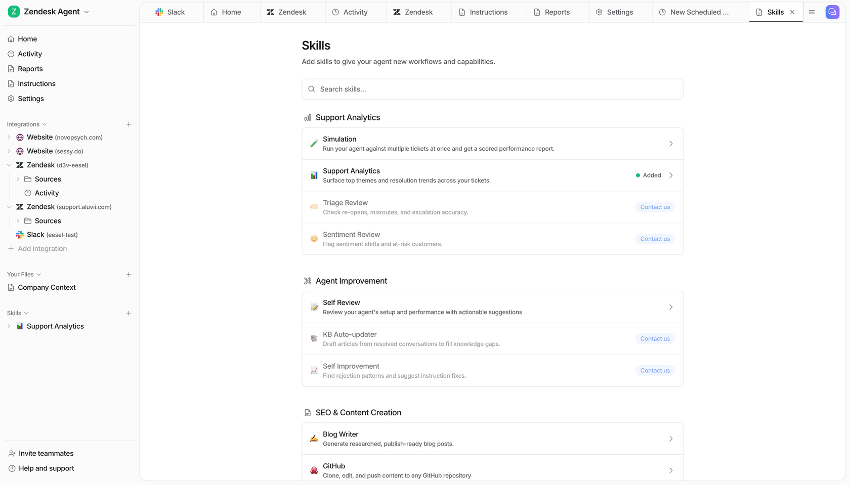 Catálogo de habilidades de eesel AI que muestra tres categorías: Support Analytics (Simulation, Support Analytics, Triage Review, Sentiment Review), Agent Improvement (Self Review, KB Auto-updater, Self Improvement) y SEO and Content Creation
