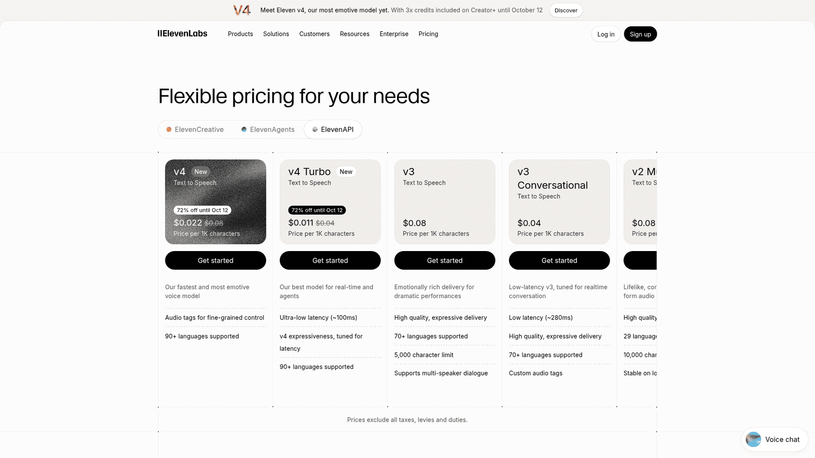 The ElevenLabs API pricing page showing Eleven v4 and v4 Turbo launch discounts, as taken from ElevenLabs
