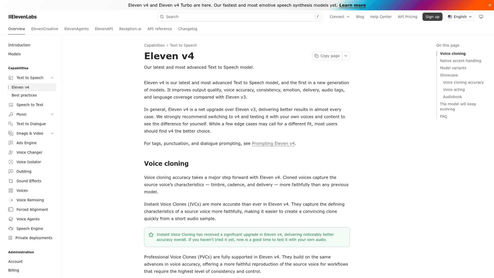 The Eleven v4 documentation page explaining voice cloning changes, as taken from the ElevenLabs docs