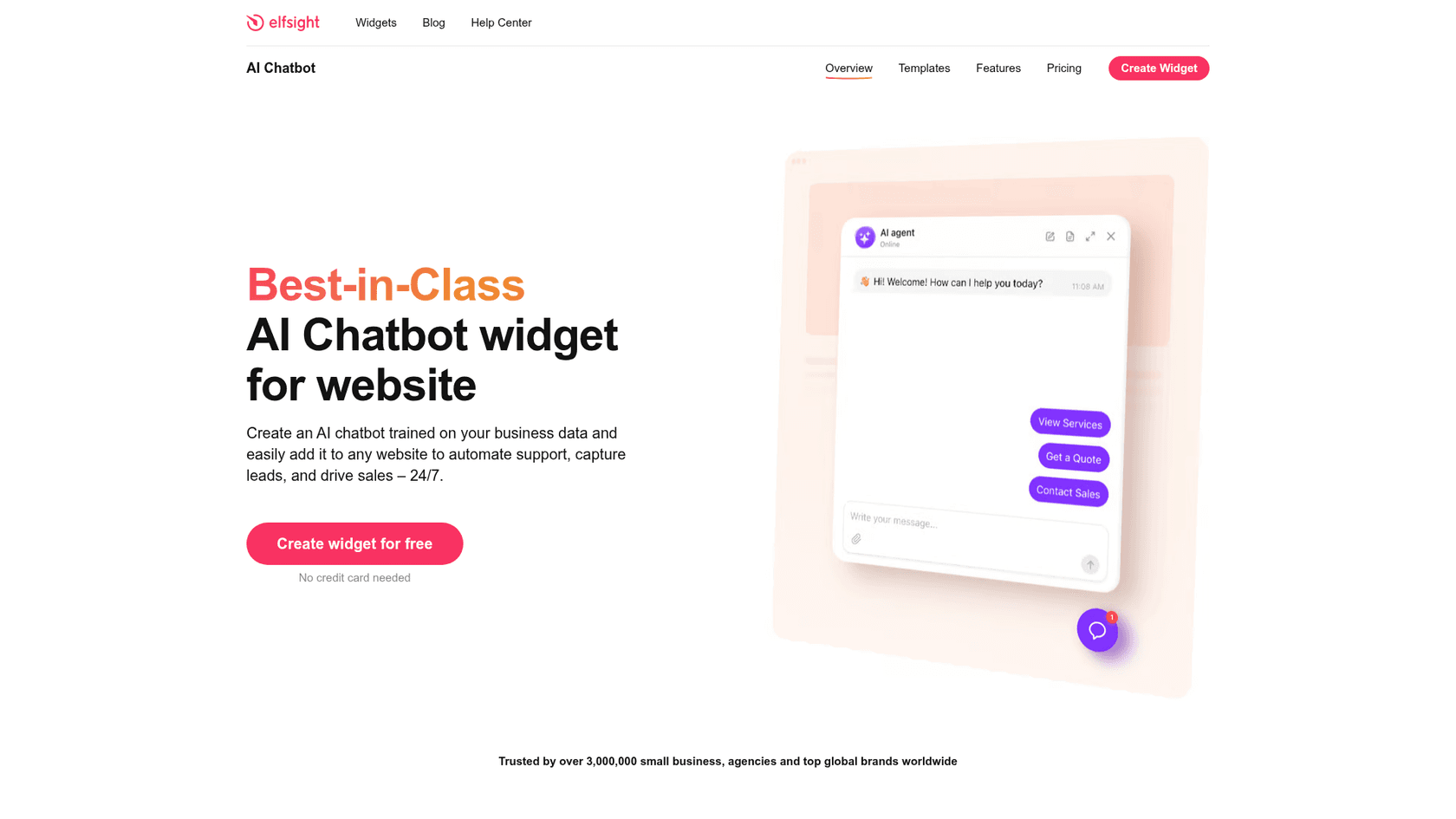 The Elfsight AI Chatbot product page, with the headline "Best-in-Class AI Chatbot widget for website" and a demo chat window offering View Services, Get a Quote and Contact Sales buttons, as taken from Elfsight's AI Chatbot page