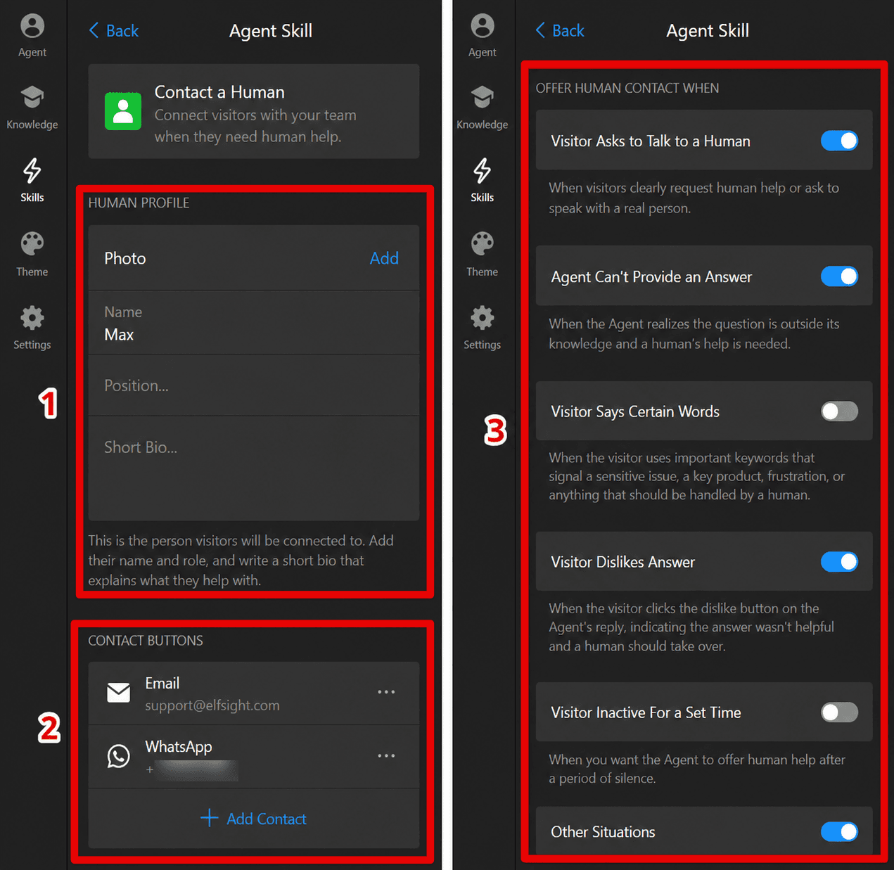 Elfsight's Contact a Human skill settings, with a human profile, email and WhatsApp contact buttons, and toggles for when to offer human contact such as Visitor Asks to Talk to a Human and Agent Can't Provide an Answer, as taken from the Elfsight Help Center