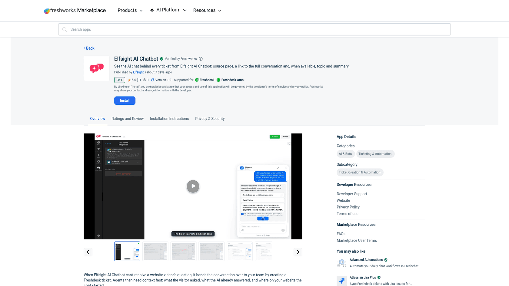 The Elfsight AI Chatbot listing on the Freshworks Marketplace, marked Free and Verified by Freshworks, rated 5.0 from 1 rating with 1 install, supported for Freshdesk and Freshdesk Omni, as taken from the Freshworks Marketplace