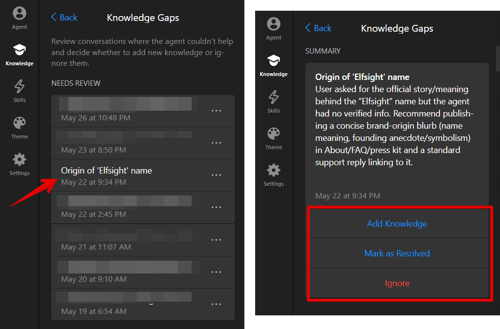 Elfsight AI Chatbot Knowledge Gaps screen listing unanswered questions with dates, and a detail panel summarizing one gap with Add Knowledge, Mark as Resolved and Ignore buttons, as taken from the Elfsight Help Center