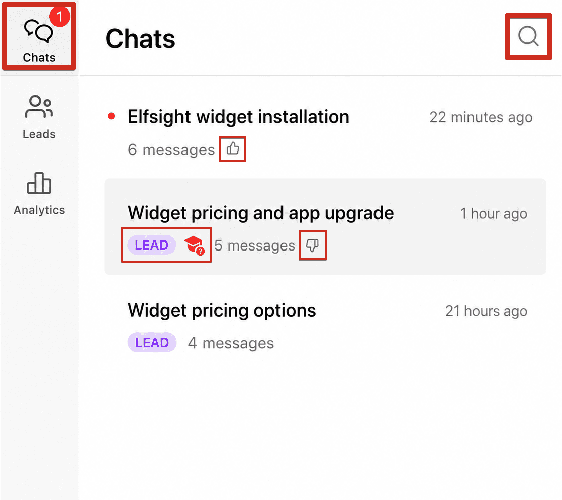 Elfsight AI Chatbot Results dashboard showing a Chats list with message counts, Lead badges, a knowledge gap icon and thumbs up and down feedback markers, as taken from the Elfsight Help Center