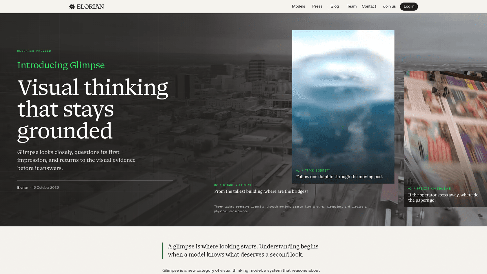 Elorian's launch post for Glimpse, headlined "Visual thinking that stays grounded" and dated 16 October 2026, as taken from Elorian