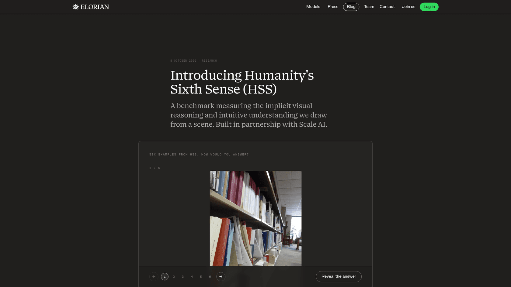 Elorian's Humanity's Sixth Sense benchmark page, built in partnership with Scale AI, showing an example question about a library shelf, as taken from Elorian