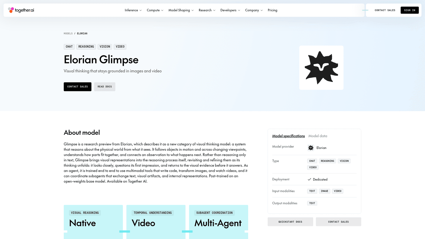 The Together AI model page for Elorian Glimpse, showing Chat, Reasoning, Vision and Video tags, dedicated deployment, and text, image and video inputs, as taken from Together AI