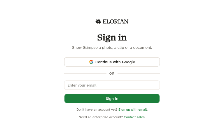 Elorian platform sign-in page with Continue with Google, email sign-in, and links to sign up or contact sales for an enterprise account, as taken from the Elorian platform