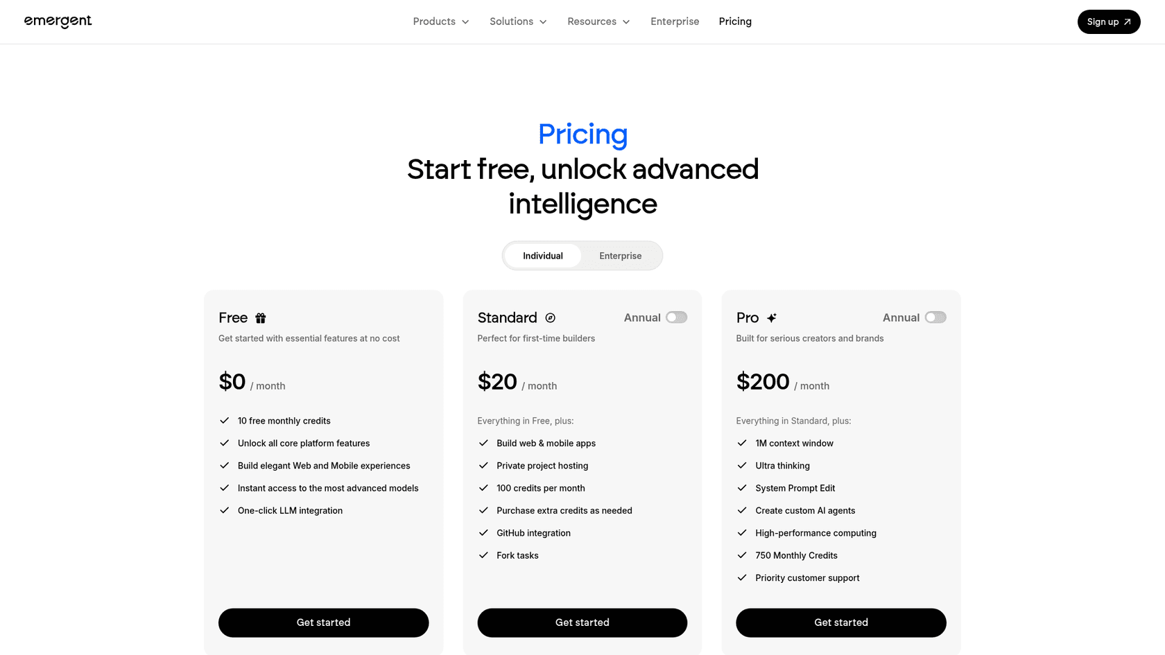 Emergent pricing page showing the Free, Standard and Pro plans and their monthly credits, as taken from Emergent