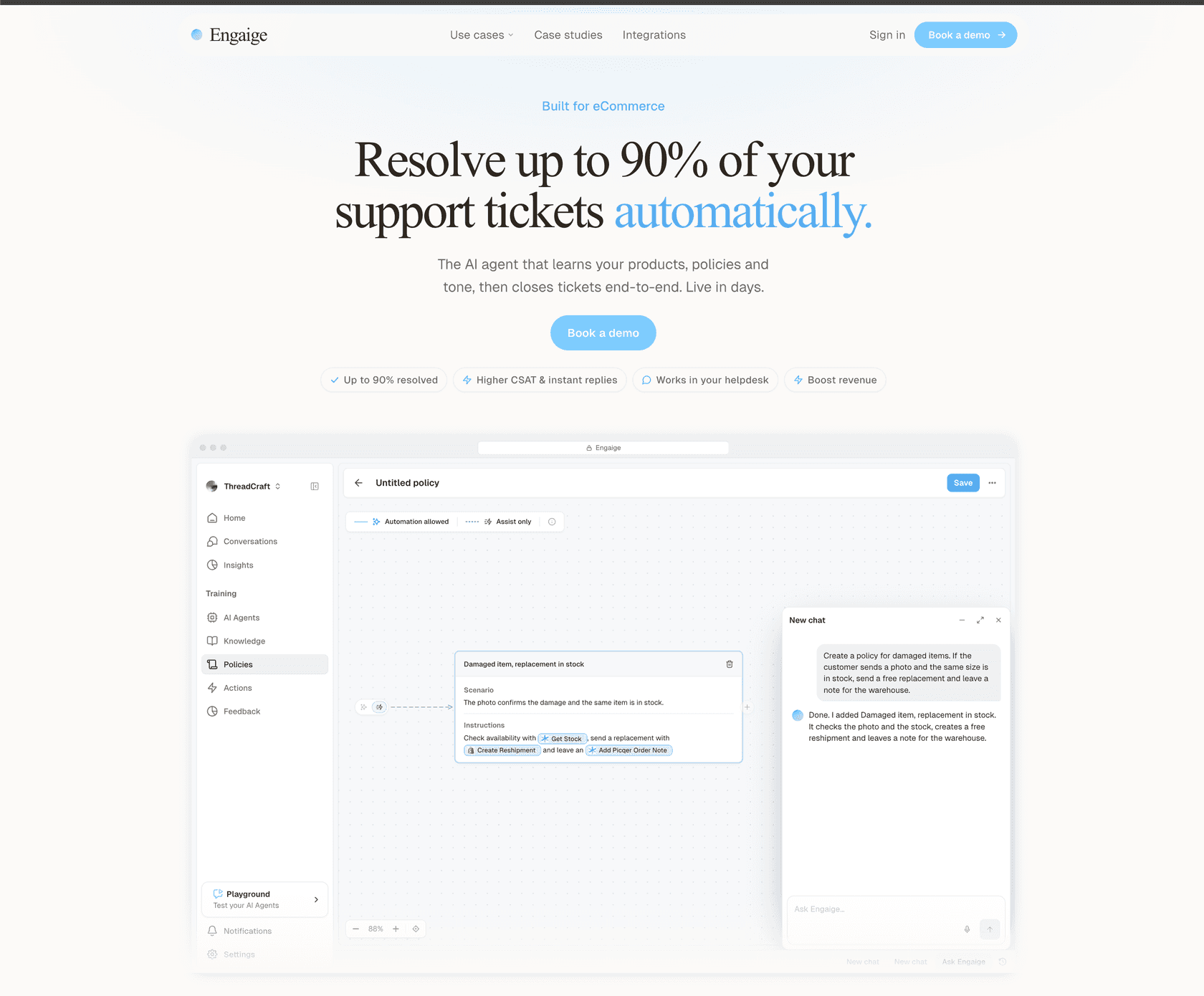 Engaige landing page showing its AI support agent for e-commerce helpdesks