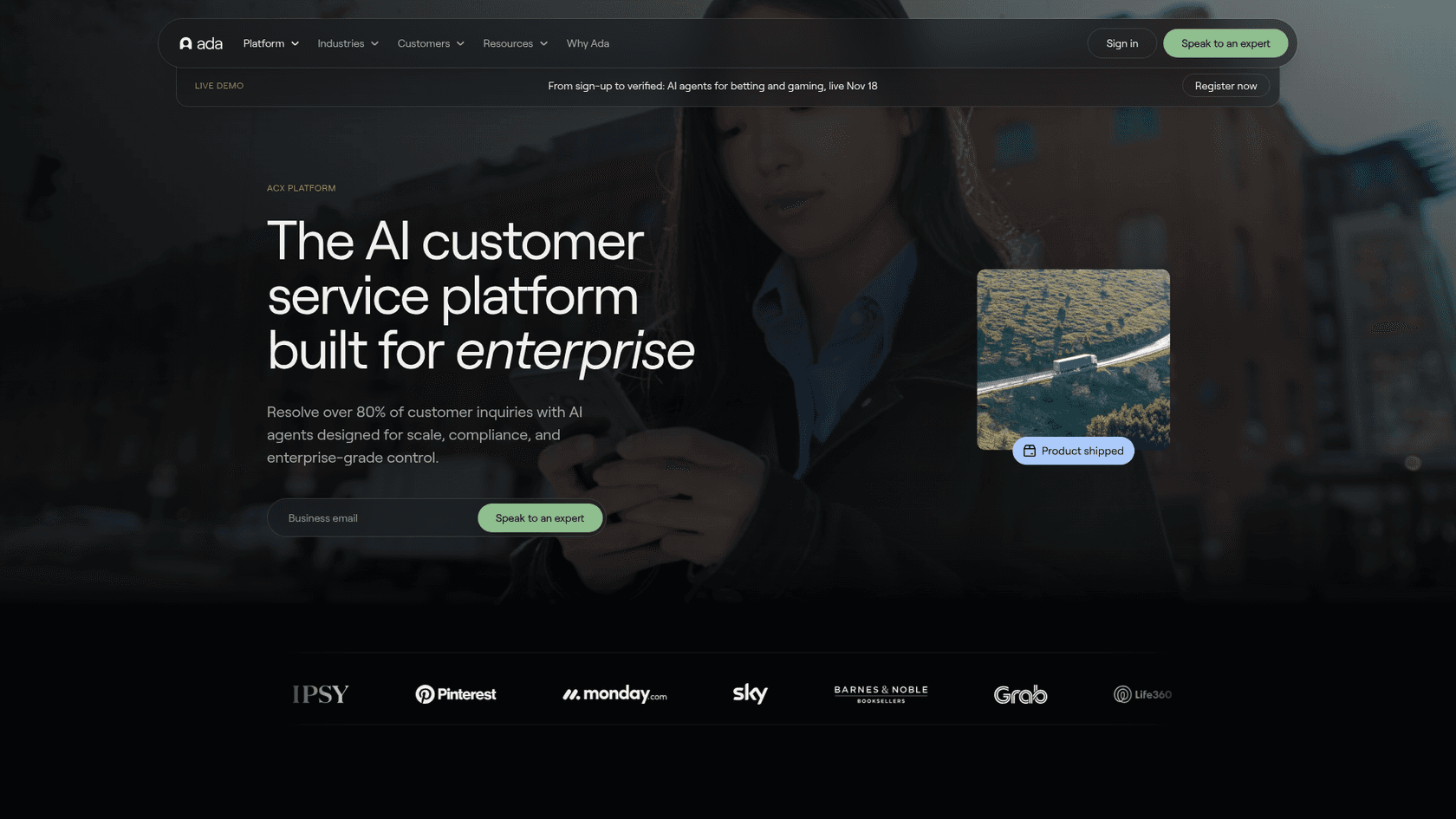 Ada platform page with the headline The AI customer service platform built for enterprise, as taken from Ada