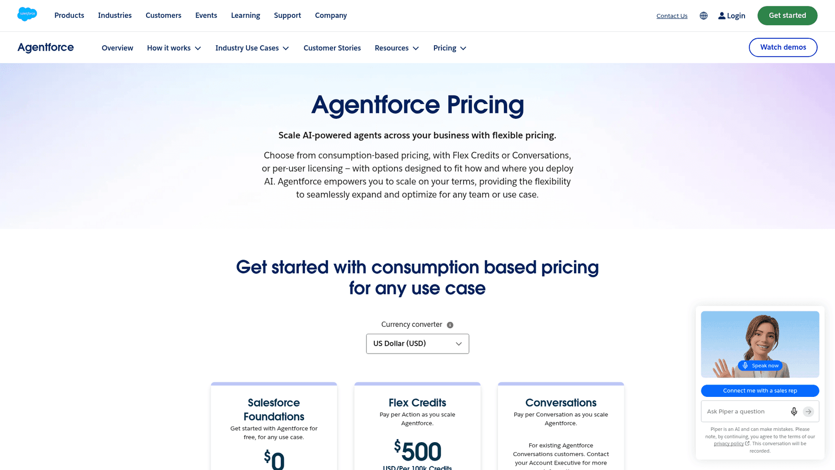 Salesforce Agentforce pricing page showing Salesforce Foundations at $0, Flex Credits at $500 per 100k credits and Conversations, as taken from Salesforce