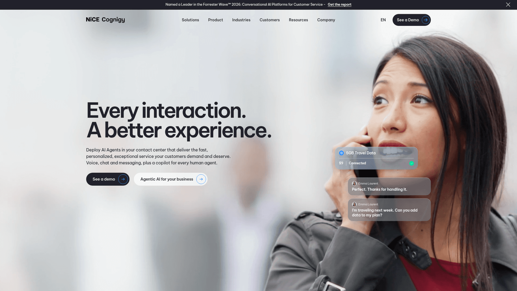 NiCE Cognigy homepage with the headline Every interaction. A better experience. and a See a demo button, as taken from Cognigy