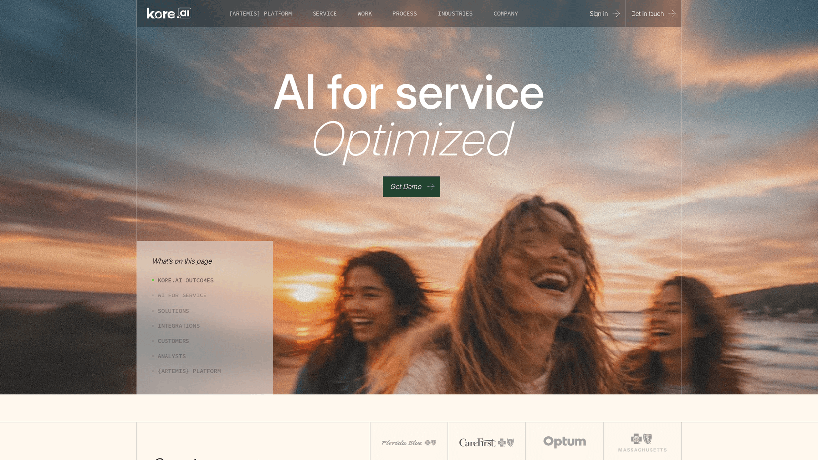 Kore.ai homepage hero reading AI for service Optimized with a Get Demo button, as taken from Kore.ai